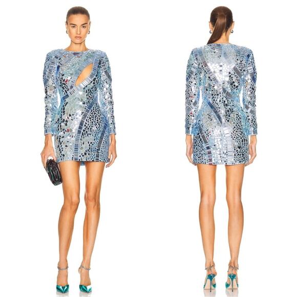 Retrofete Kia Mirror Embellished Mosaic Long Sleeve Blue Atoll Mini Dress Sz M - Picture 1 of 15